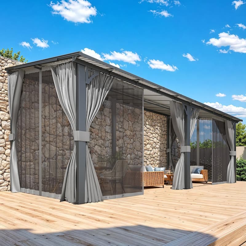 AECOJOY Gazebo for Patio, Small Wall-Mounted Lean to Pergola 8x8 Gazebo with Curtains and Netting, Hard Top Gazebo on Clearance