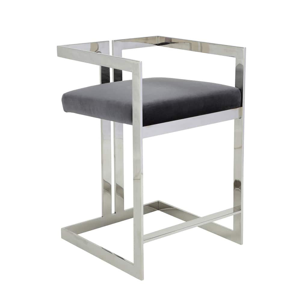 Suki 26 Inch Counter Stool Chair, Gray Velvet, Silver Stainless Steel Frame