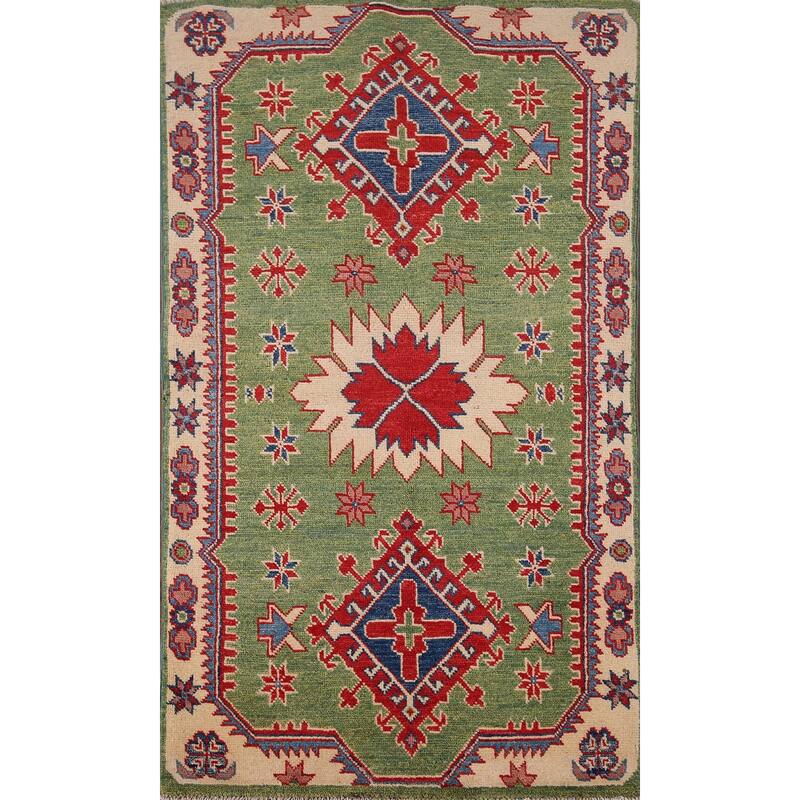 Green Oriental Geometric Kazak Foyer Rug Hand-Knotted Wool Carpet - 2'7" x 4'5"