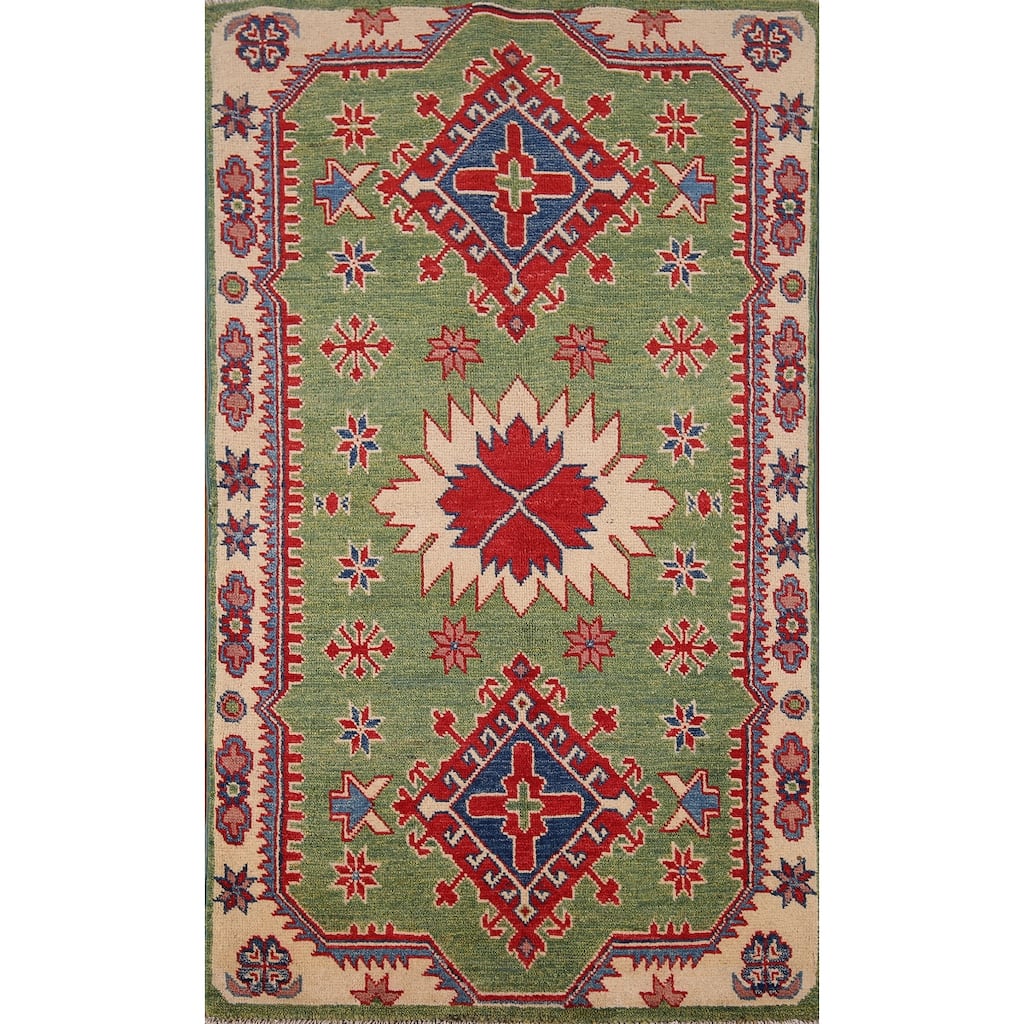 Green Oriental Geometric Kazak Foyer Rug Hand-Knotted Wool Carpet - 2'7" x 4'5"
