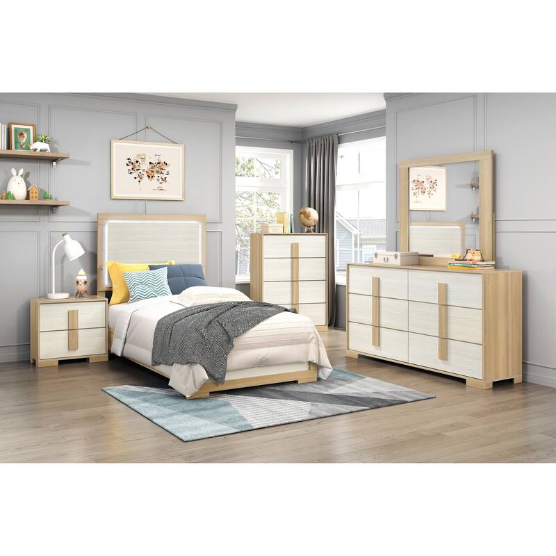 Modern Twin Size LED Headboard Bed in Natural and White Finish