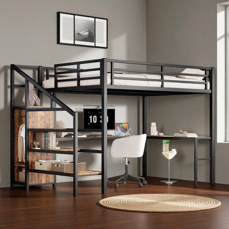 Queen Size Metal Loft Bed with Wardrobe, L-Shaped Desk, USB Ports, LED Lights, and Adjustable Shelves