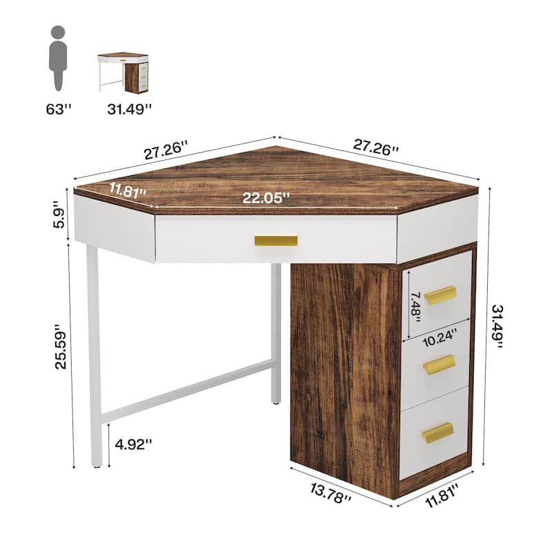 90-Degree Writing Corner Desk, Triangle Computer Desk with 3 Drawers