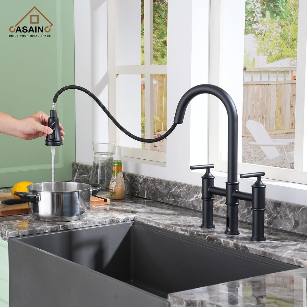 Double Handle Pull-Out Sprayer Bridge Kitchen Faucet