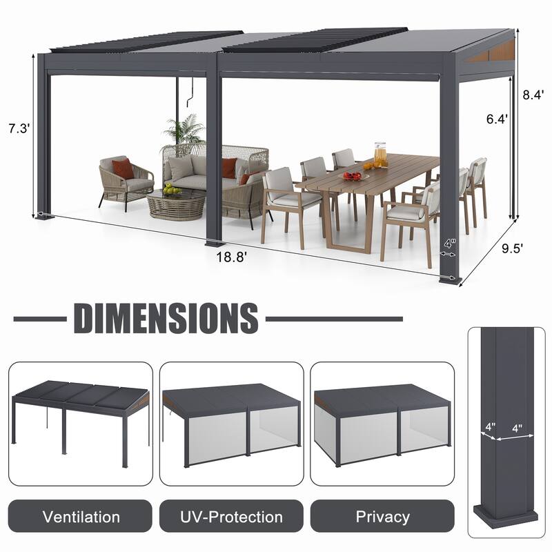 Erommy Wall-Mounted Pergola with Louvered Roof & Pull-Down Screen, Aluminum Awning for Patio or Deck