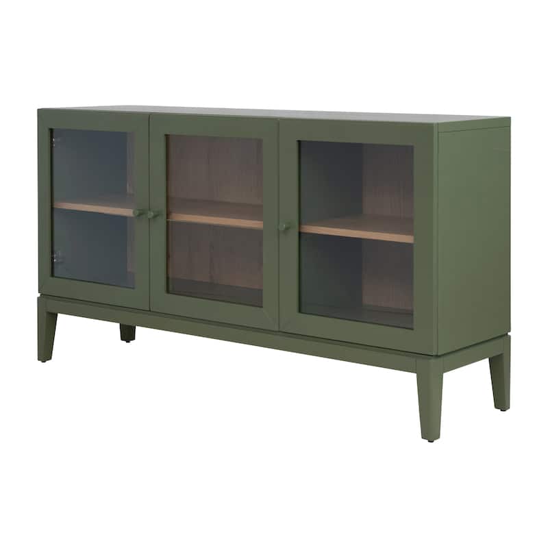 Wood Sideboard with Glass Doors and Oak Veneer Interior - 59.06"L x 15.75"W x 31.5"H - Green;Brown