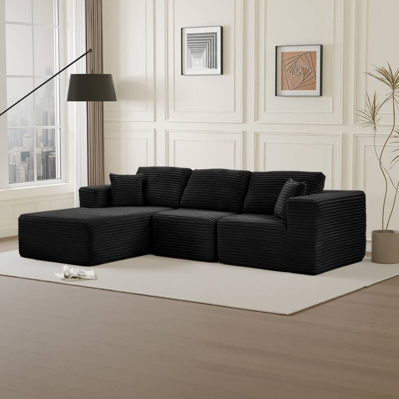 Dovelina Convertible Plush Corduroy Foam-Filled Sleeper Sofa Chaise for Living Room - Black
