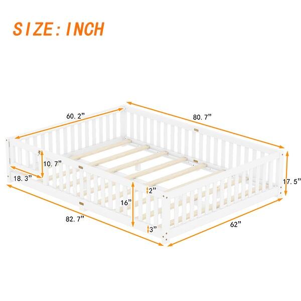 dimension image slide 0 of 2, Queen Size Pine Wood Floor Bed with Safety Guardrails and Door for Kids
