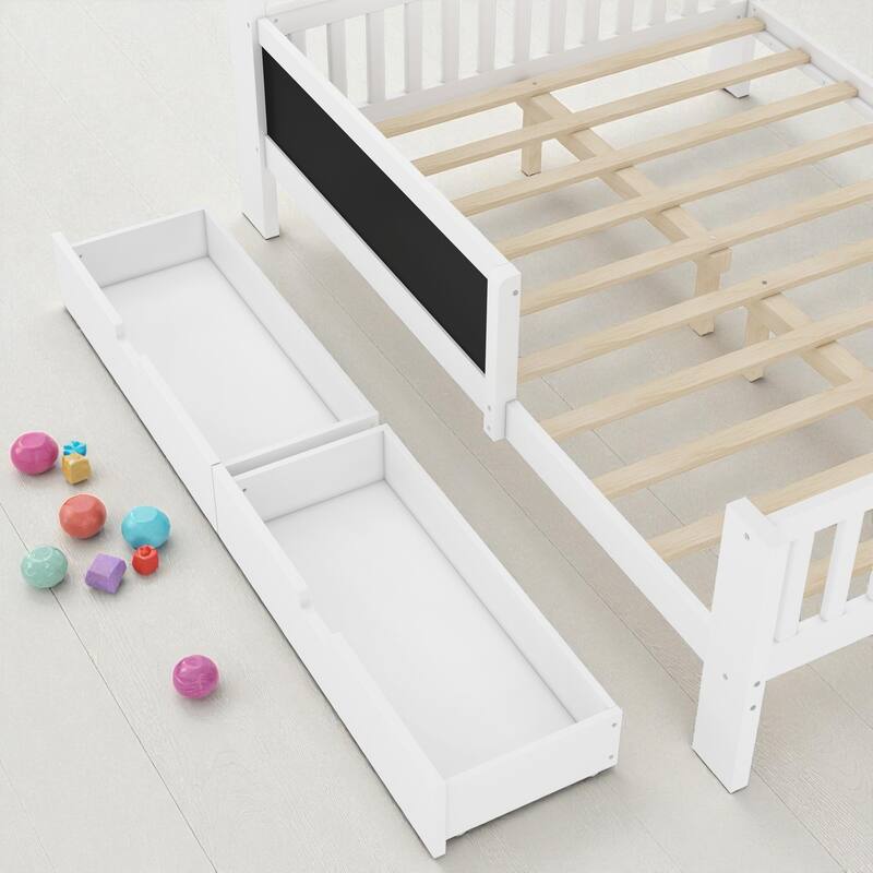 Twin/Full Solid Wood Platform Bed with Chalkboard Headboard, Storage Drawers and Shelves, Space-Saving Kids Bed