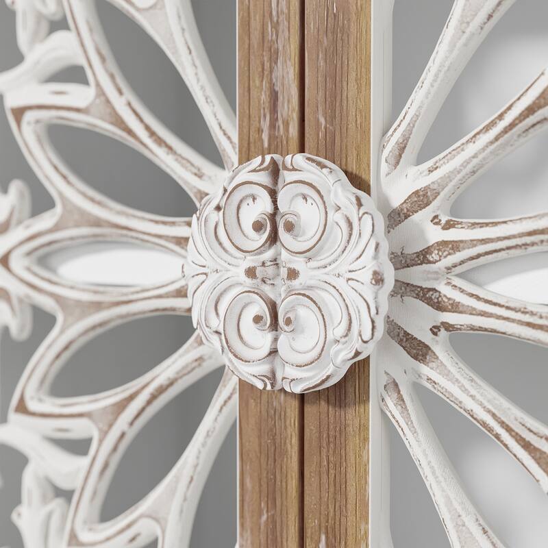 Solid Wood Tall Storage Cabinet, 31.5" Farmhouse Distressed White Carved Armoire with Shelves and Drawer - 31.5"x68.9"