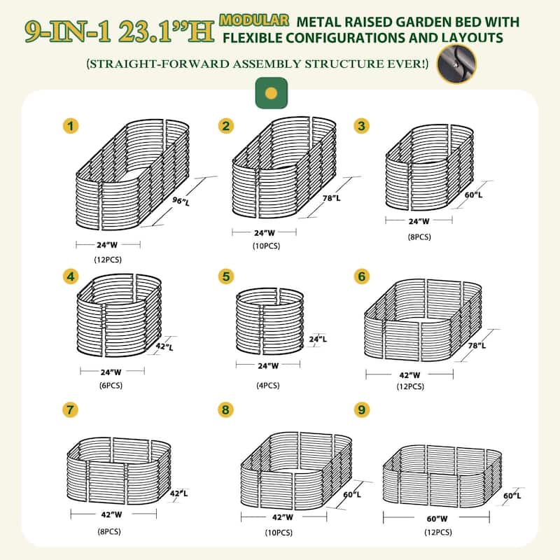 VEIKOUS 23.1''H Metal Galvanized Raised Garden Bed 9-in-1 Modular Outdoor Planter Box - N/A