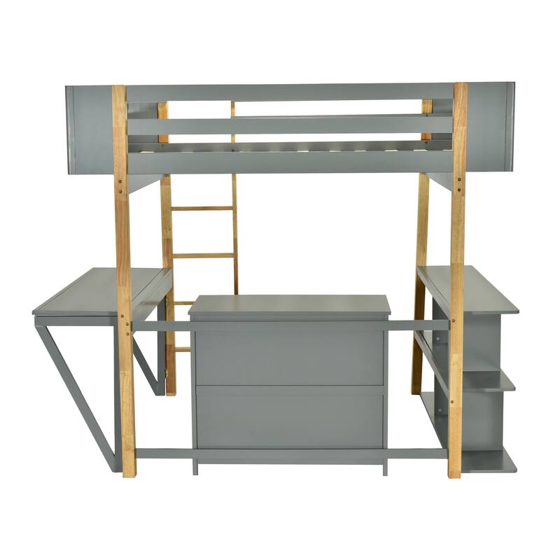 Space-Saving Twin Size Wooden Loft Platform Bed Frame with Storage Cabinet and Foldable Desk, Modern and Stylish for Bedroom
