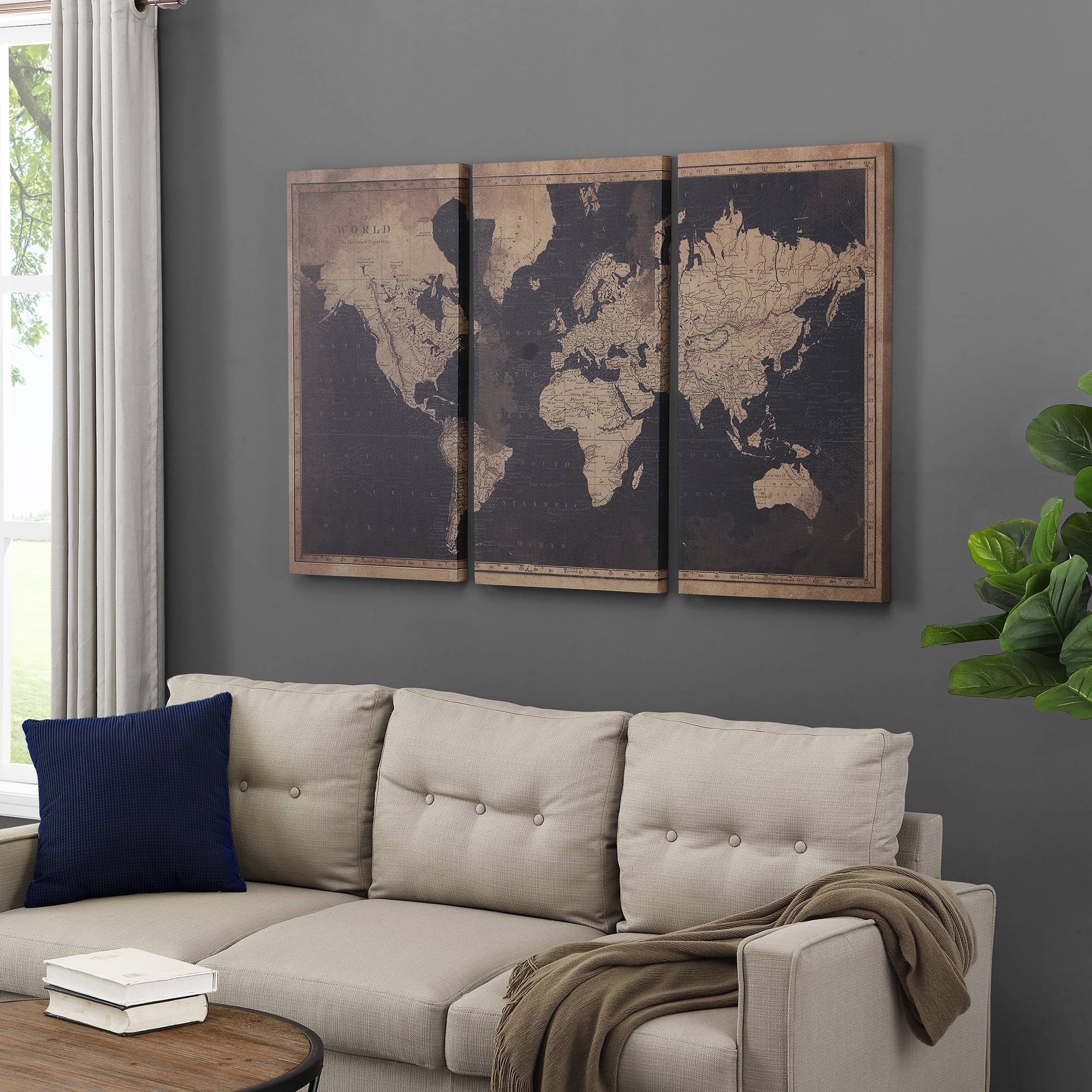 Firstime Co Antiquated World Map Canvas 3 Piece Set American Crafted Antiqued Tan Canvas 54 X 1 5 X 35 In On Sale Overstock 31804804