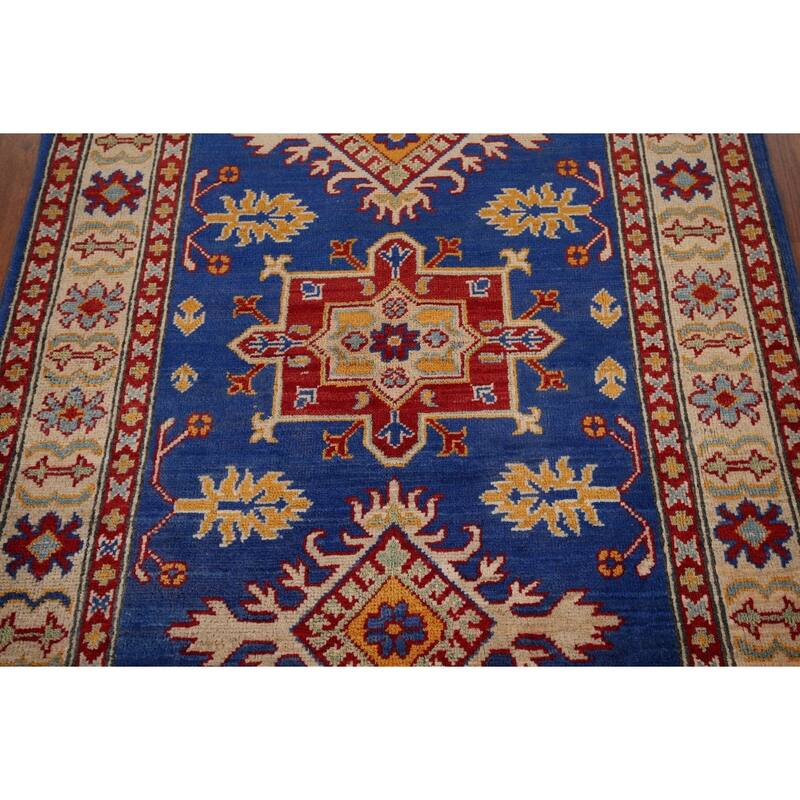 Blue Geometric Kazak Accent Rug Hand-Knotted Oriental Wool Carpet - 3'5" x 4'11"