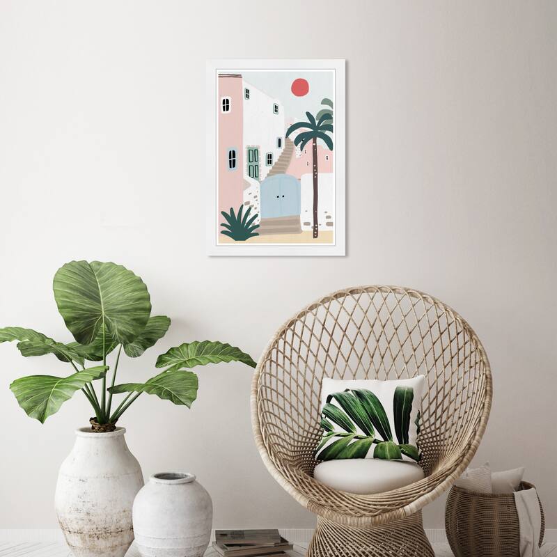 Wynwood Studio Prints Architecture and Buildings Pastel City Shore Pink and Light Pink Tropical Wall Art Canvas Print - White
