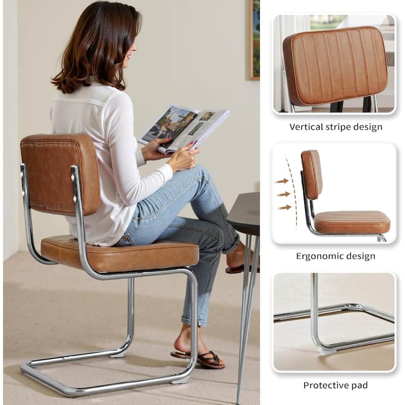 Faux Leather Mid-Century Modern Upholstered Armless Chairs with Metal Legs,Brown,Set of 2