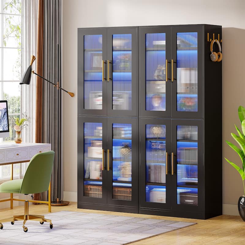 8-tier Modern Tall Bookcase Bookshelf with Doors and LED Light