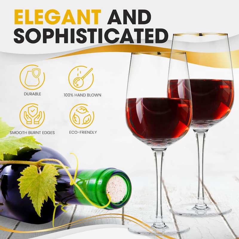 Berkware Luxurious and Elegant Long Stem Red Wine Glass with Gold Rim