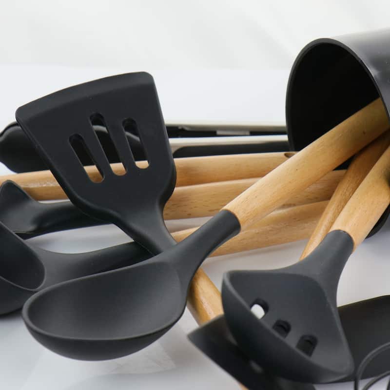 MegaChef 12 Piece Black Silicone and Wood Kitchen Utensil Set