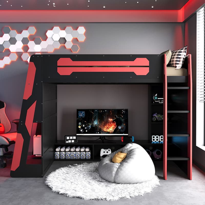 Full Size Gaming Loft Bed Esports-Inspired Bed with Desk Shelves and Charging Station for Gaming Bedroom Setup, Esports Hotels