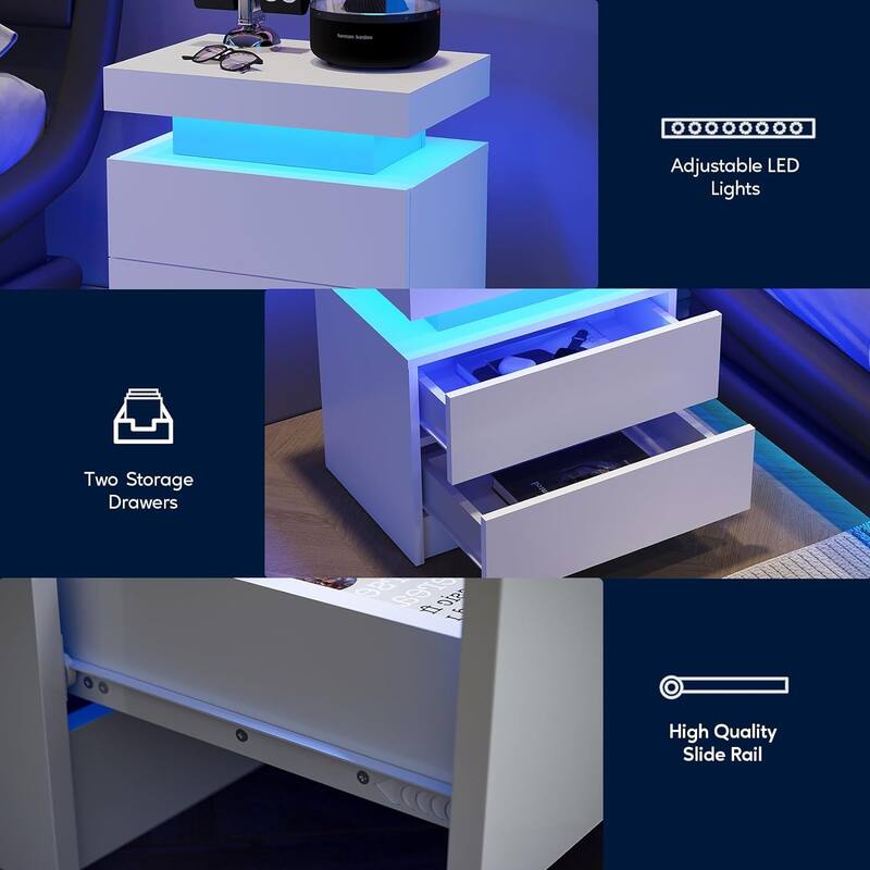 LED Nightstand with 2 Drawers for Bedroom