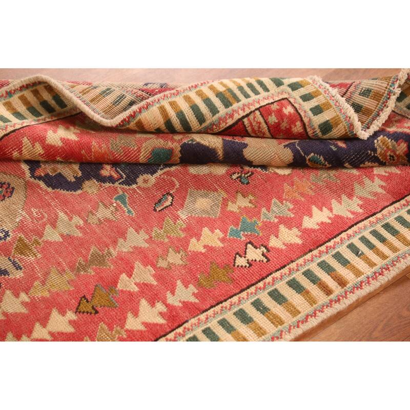 Hand Knotted Oriental 100% Wool Carpet Traditional Geometric Pink Tabriz Runner Rug - 9' 7'' X 3' 3''