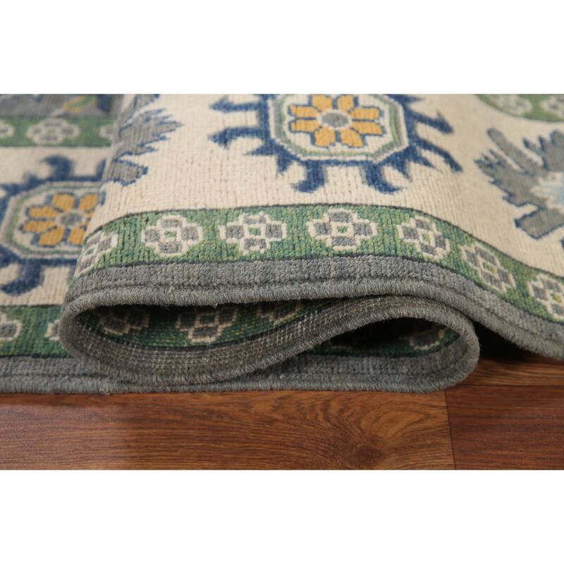 Hand Knotted Oriental 100% Wool Carpet Traditional Geometric Greys & Charcoal Kazak Area Rug - 9' 10'' X 6' 8''