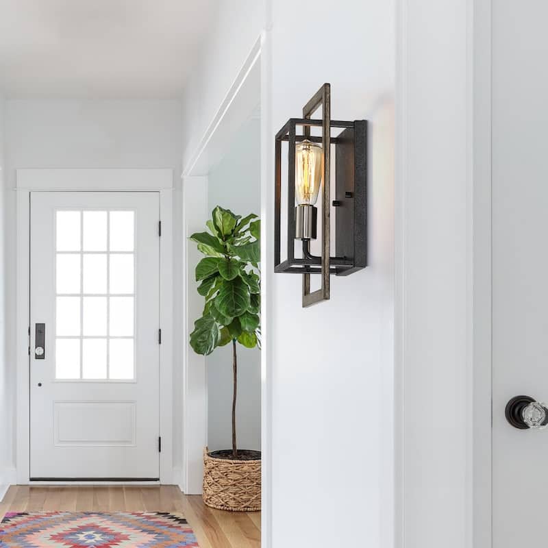1-Light Black/Wood Tone Dimmable Rustic Farmhouse Wall Sconce - 14.3''H