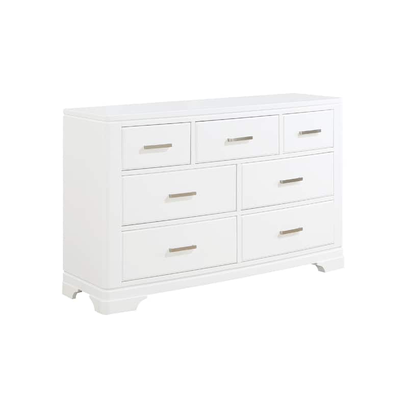 Hudy 56 Inch Dresser, 7 Drawers w Metal Handles, White Birch Veneer