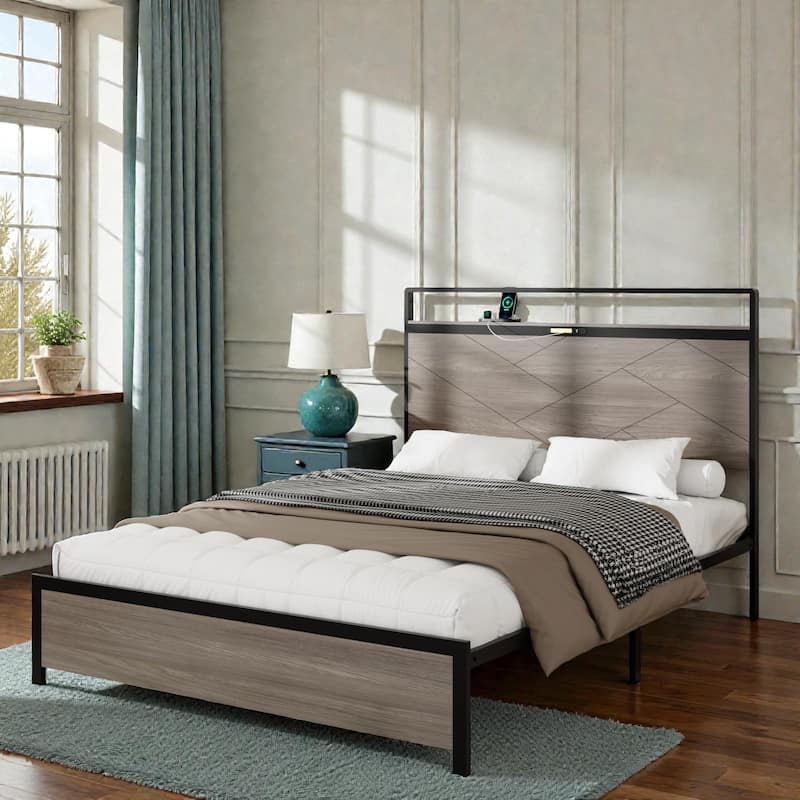 Modern Metal Platform Bed Frame with Wood Headboard LED Lights, USB & Type-C Charging Station, Large Underbed Storage