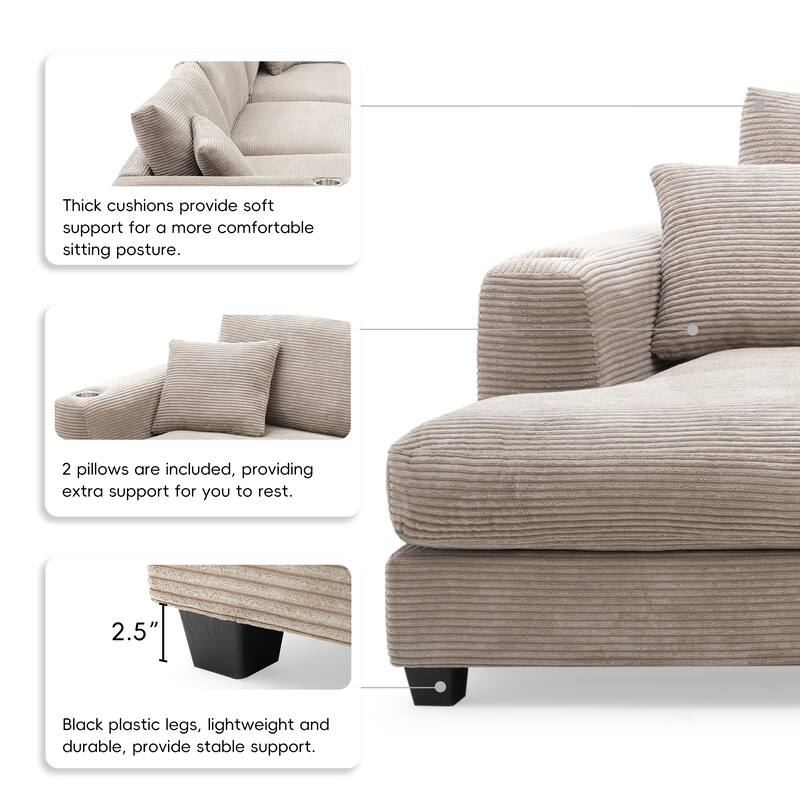 Spacious 4-Seater Corduroy Cloud Couch with Chaise, USB Charging Ports, and Cup Holders