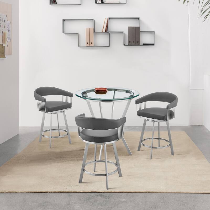 Naomi and Chelsea Counter Height Dining Set in Grey Faux Leather - 4-Piece Sets - Grey & Brushed Stainless Steel