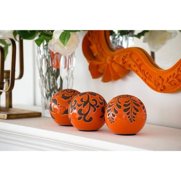 Shop Set Of 3 Orange And Black Floral Marbleized Spherical Ball