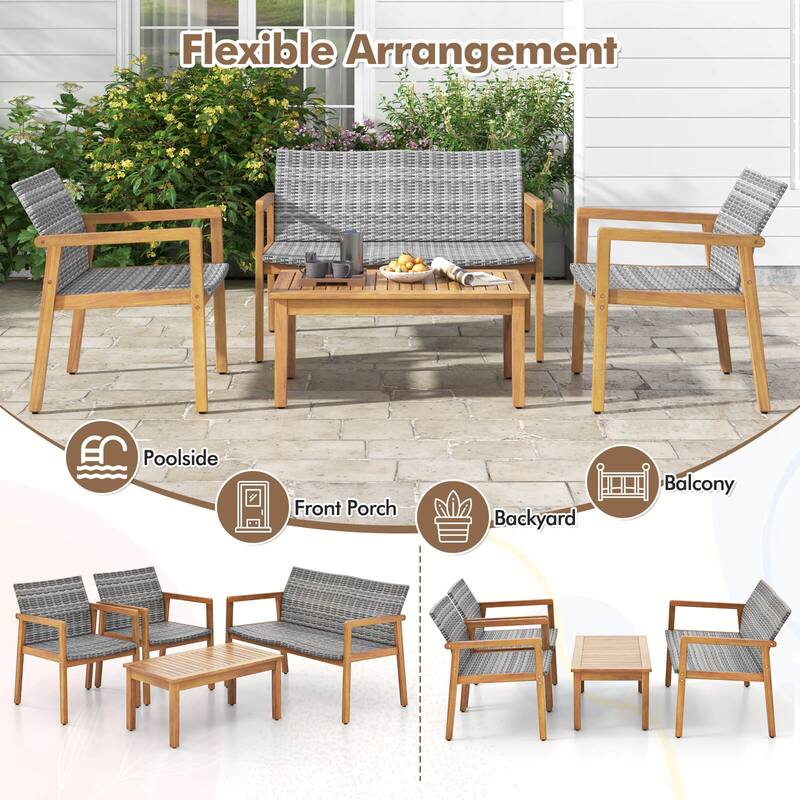 Costway 8 Pieces Outdoor Furniture Set, Acacia Wood Frame Sofa Set - See Details
