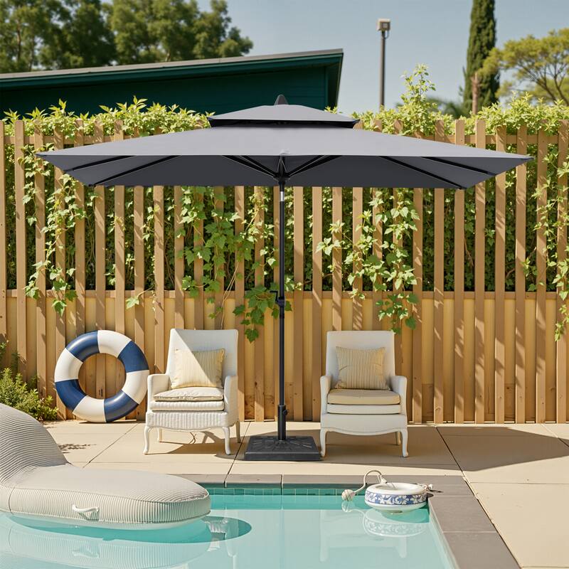 10 x 6.5 FT Outdoor Double Top Patio Market Umbrella with Base - Dark Grey