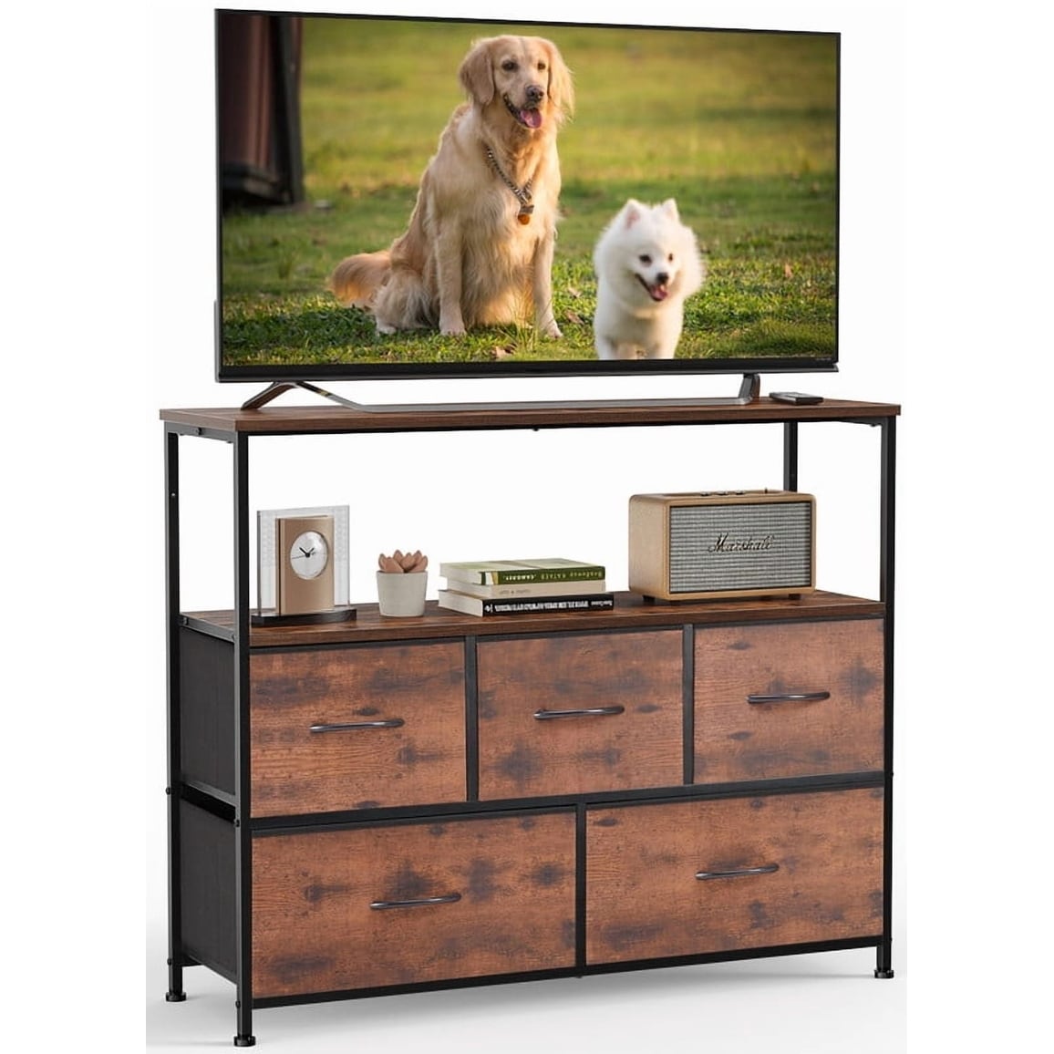 Rustic Brown TV Cabinet Stand with 5 Fabric Drawers and Adjustable Leveling Feet