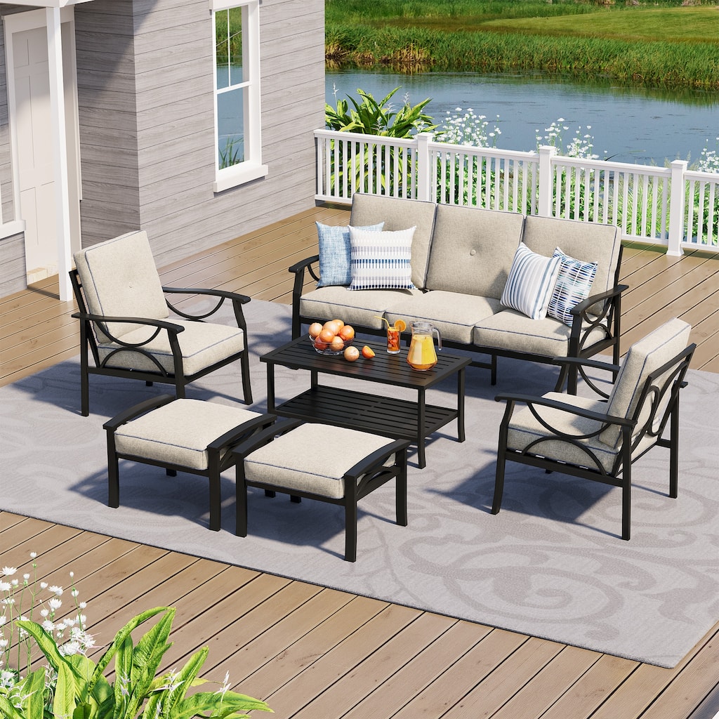 Outdoor 7-Person Patio Furniture Set with Cushions, 6-Piece Metal Frame Conversation Set with Ergonomic Back Support