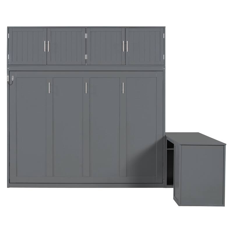 Queen Size Wall Murphy Bed Chest with Top Cabinet and Desk, Wooden Hidden Wall Bed Frame, Foldable Platform Cabinet Bed