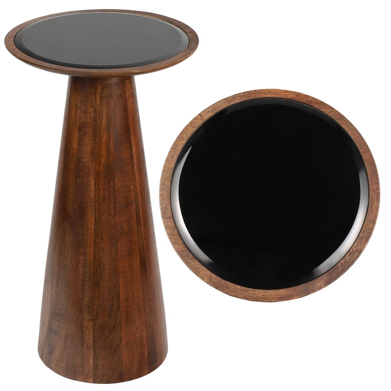Linden 21.5" Industrial Mango Wood Drink & End Table w/ Black Glass & Cone Base, By JONATHAN Y - Walnut