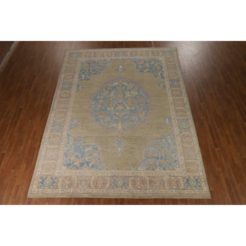 Hand Knotted Oriental 100% Wool Carpet Transitional Medallion Yellow & Gold Oushak Area Rug - 12' 1'' X 8' 10''