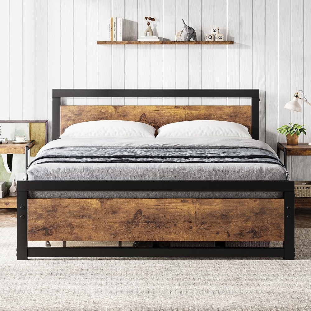 Bed Platform with Wooden Headboard No Box Spring Needed