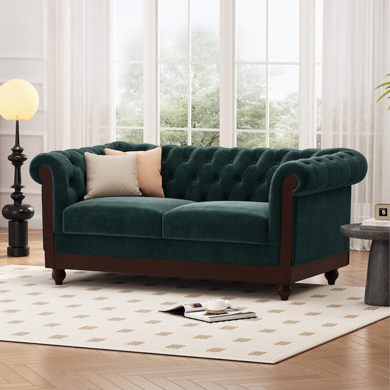 Eviva Chesterfield Velvet Loveseat Sofa by Christopher Knight Home - Forest Green