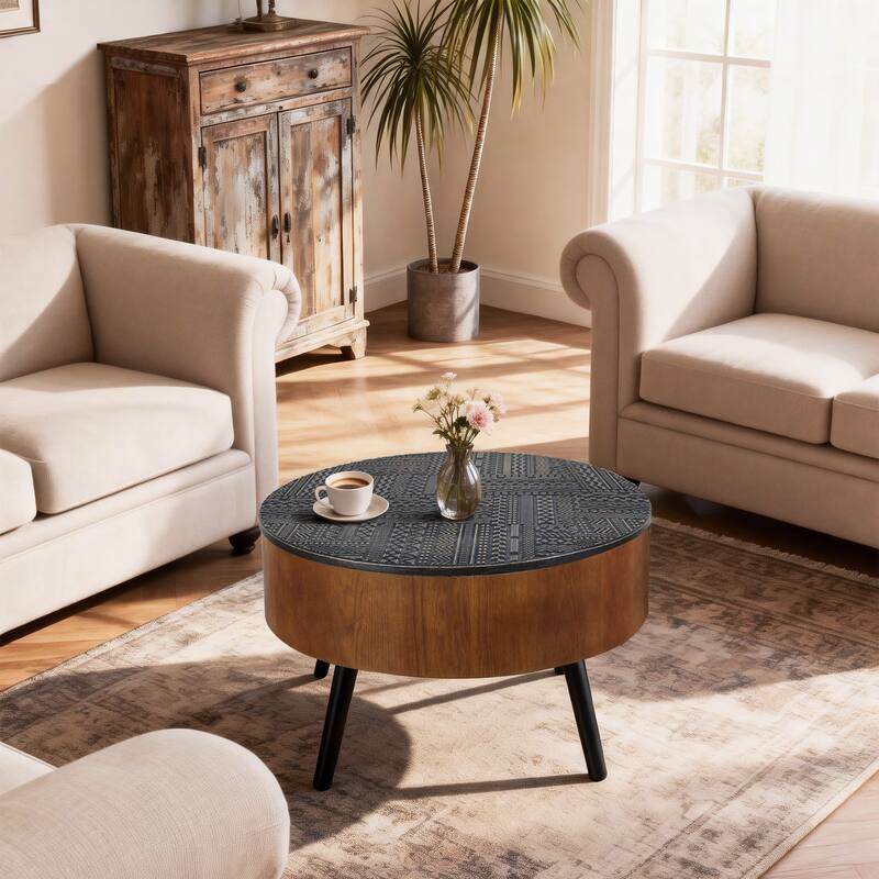 GDFStudio Veyrion Carved Round Coffee Table with Storage and Mid-Century Modern Design