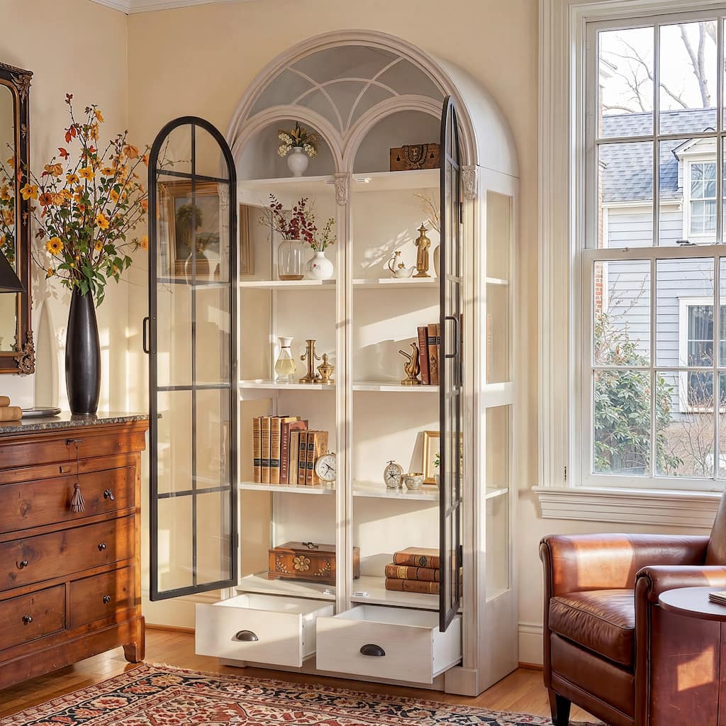 Arched Glass Door Display Cabinet with Iron Frame, Tall Curio Bookcase with Drawers, Farmhouse Storage Cabinet
