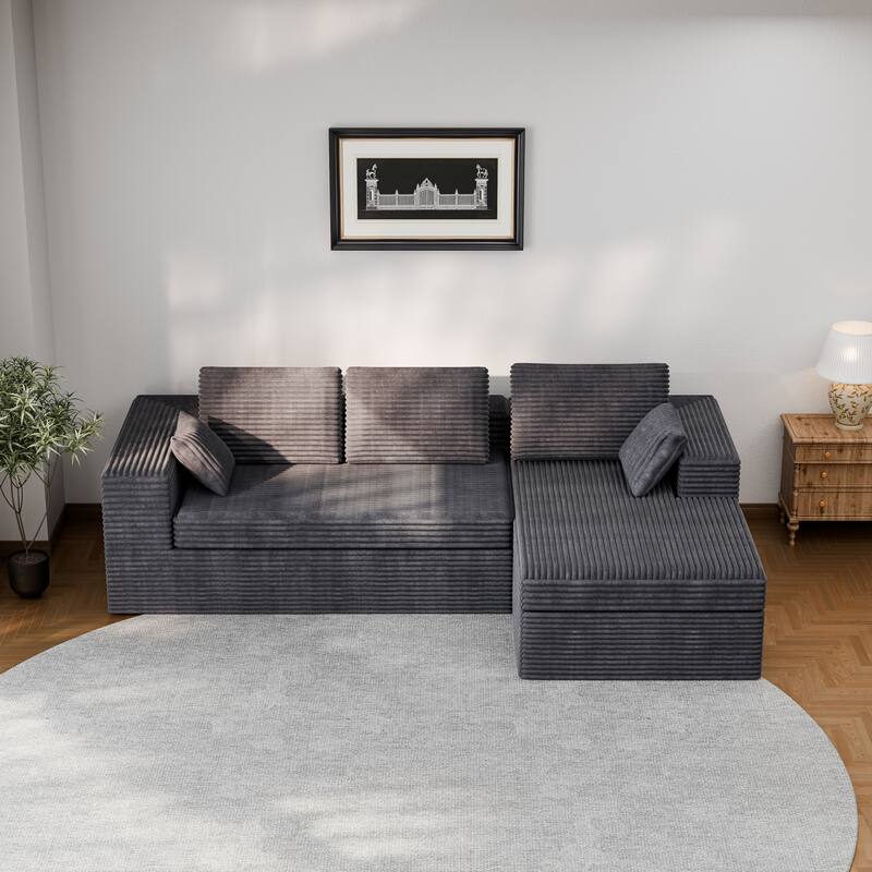 Modland 108”L-Shaped Modular Corduroy Couch with Deep Seats Comfy Sectional Sofa for Living Room - Dark Grey - Right Facing