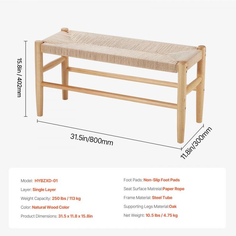 Rattan Bench Woven Seat for Entryway Living Room Bedroom - 31.5 x 11.8 x 15.8in