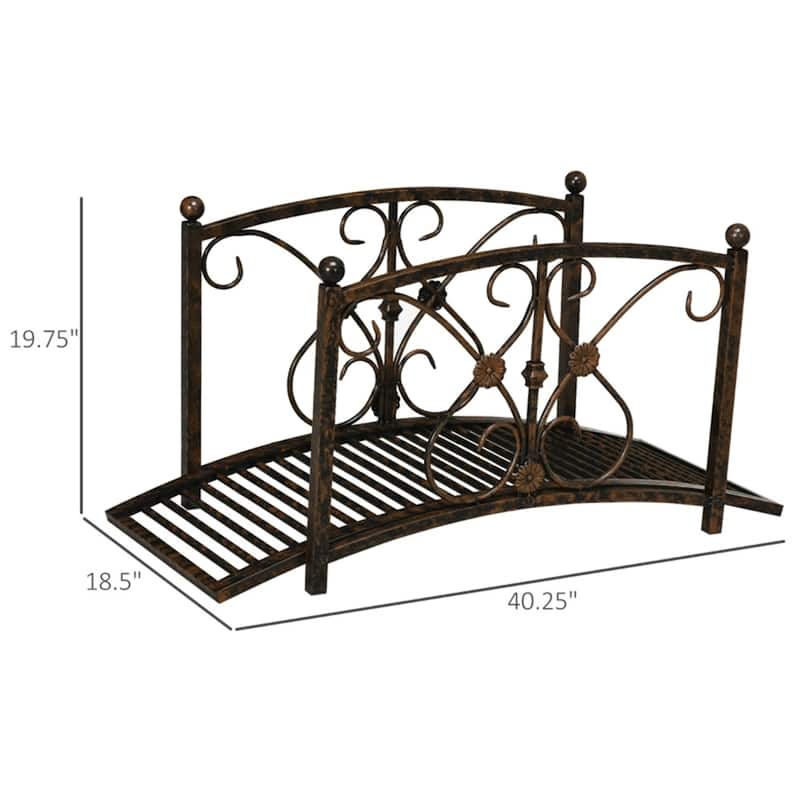 Vintage Style Curved Steel Garden Bridge with Decorative Side Rails for Ponds Walkways and Gardens Rust Brown