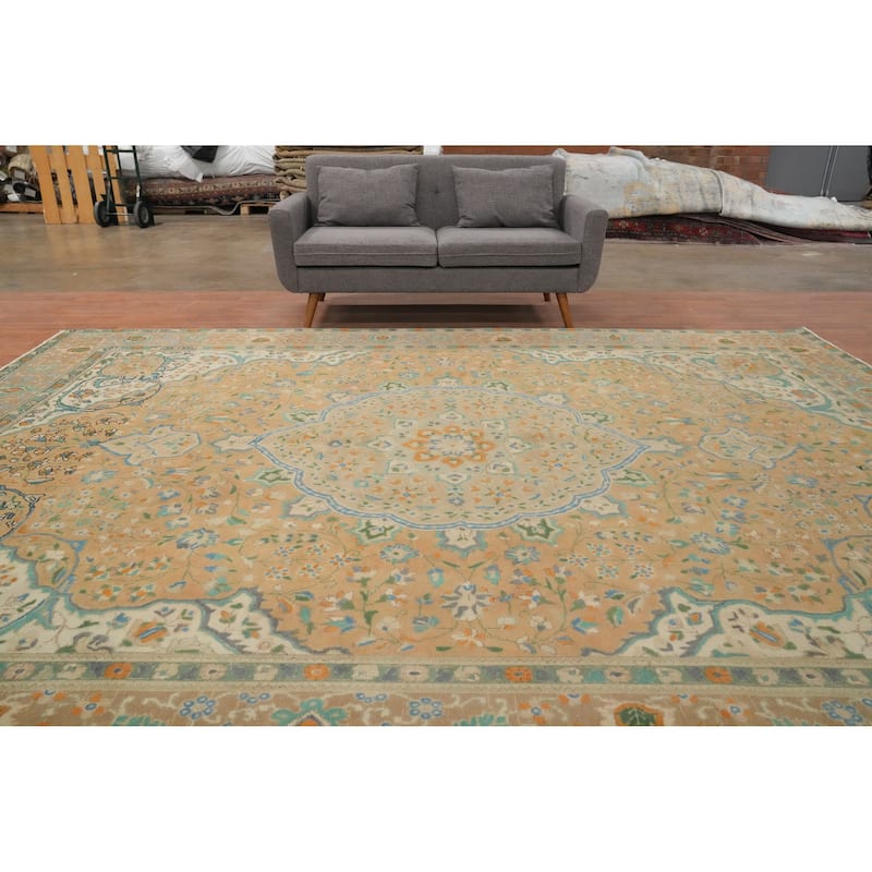 Hand Knotted Oriental 100% Wool Carpet Traditional Floral Peach Tabriz Area Rug - 12' 6'' X 9' 6''