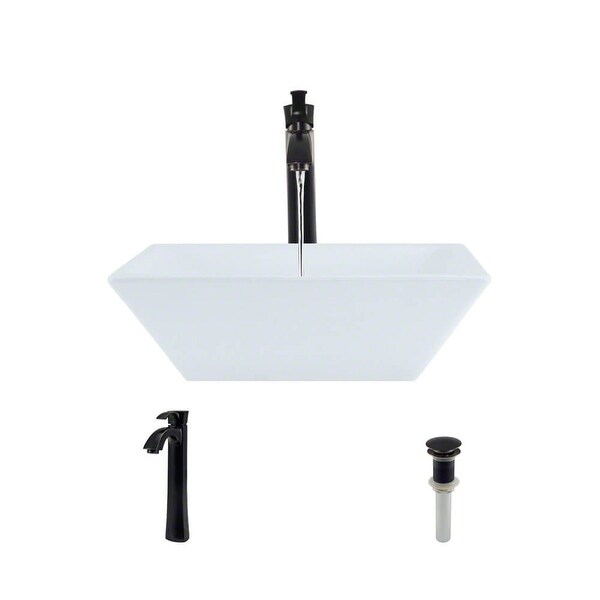 Rene R2-5010-W-R9-7006 15-3/4" Porcelain Vessel Bathroom Sink with Vessel Faucet and Vessel Pop-Up Drain
