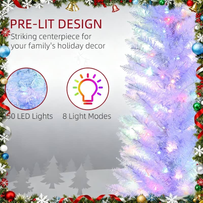 7FT Indoor Pencil Artificial Christmas Trees with Colorful Surface Branches - 7 Foot - White